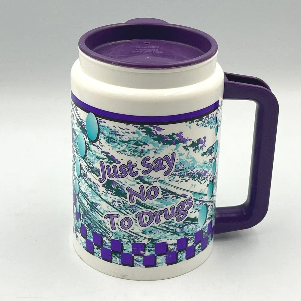 Travel Mug Purple White w/ Lid 6in Just Say No To Drugs Retro 80s 90s Vintage
